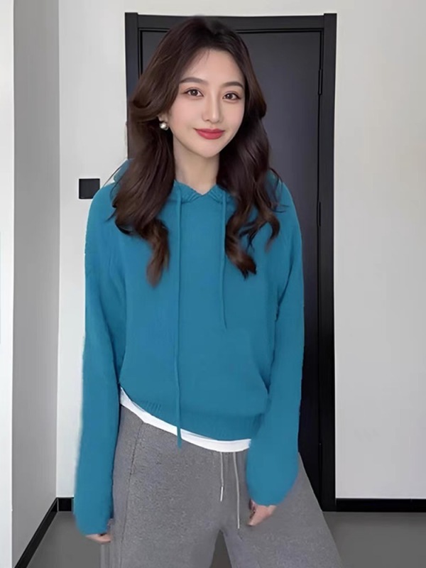 Large size blue lazy style hooded long-sleeved knitted sweater women's new winter loose little inner top