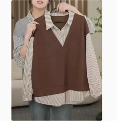 Large size fashionable striped splicing POLO collar shirt fat MM women's autumn new slim long-sleeved fake two-piece top