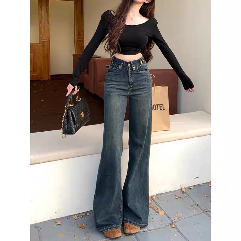 American retro cuffed high-waisted bootcut jeans for women in fall and winter new stretch slimming straight horseshoe floor-length trousers