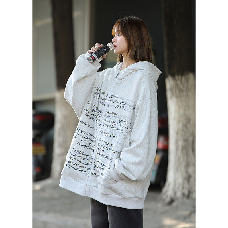 Casual loose letter flower long-sleeved cardigan jacket street trend sports hooded sweatshirt