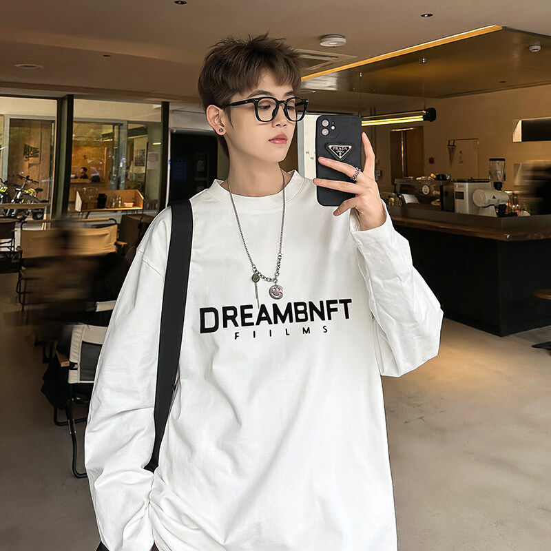 New basic simple printed couple tops trendy long-sleeved T-shirts for men and women loose trendy T-shirts