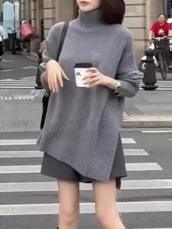 Turtleneck Slit Sweater Women's Autumn and Winter 2024 Large Size Versatile Mid-Length Style Western Bottoming Women's Irregular Top
