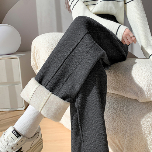 Ready stock plus velvet wide leg pants for women in winter plus size herringbone pattern straight thickened wool narrow version banana pants for women