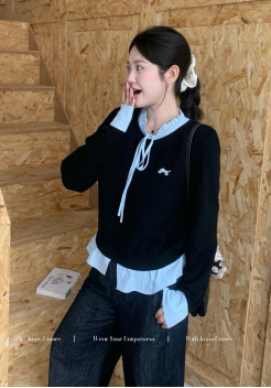 Sakurajima High School Autumn and Winter Stitched Fake Two-piece Tops Slimming Bottoming