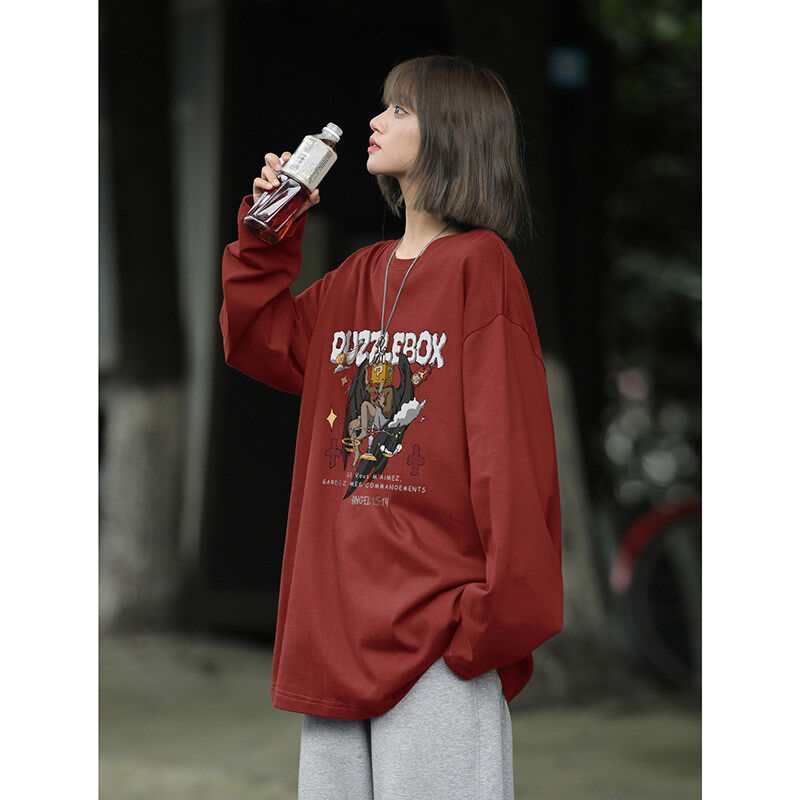 Trendy brand casual loose shirt for men and women, American retro trendy printed long-sleeved T-shirt for couples