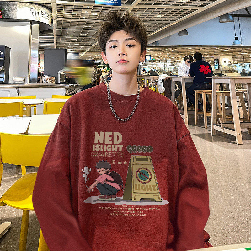 Autumn American trendy brand printed round neck long-sleeved T-shirts for couples loose casual tops