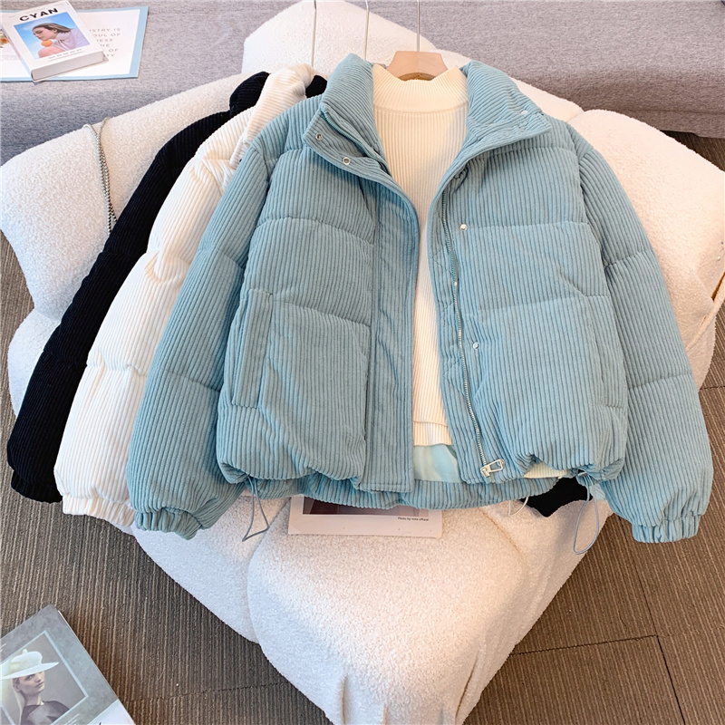 Korean chic autumn and winter age-reducing pink and skin-revealing white stand-up collar design loose corduroy cotton short jacket