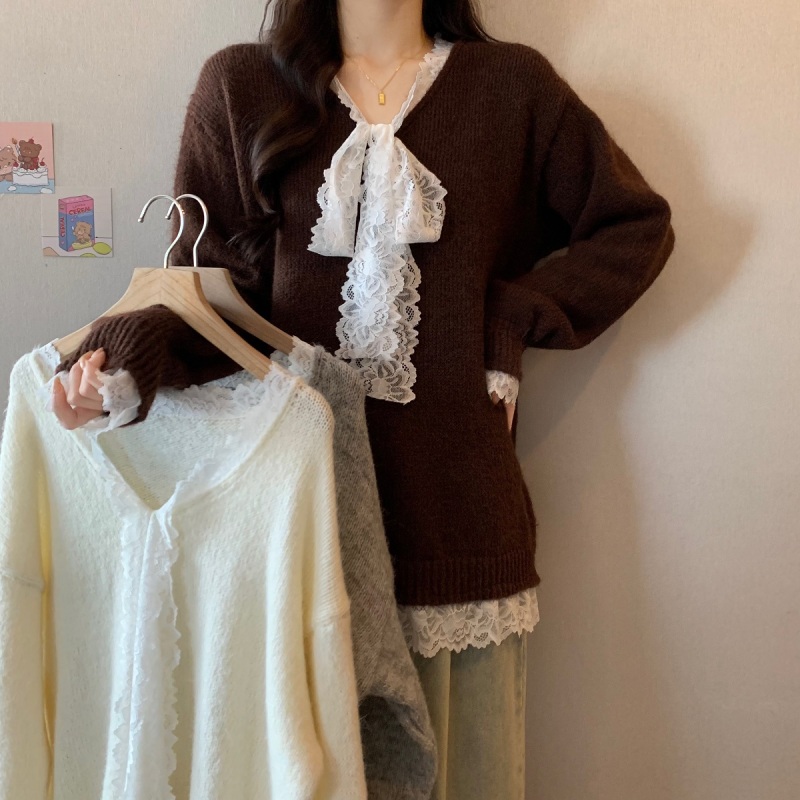Plus size women's sweet and lazy style lace bow splicing loose long-sleeved sweater loose knitted sweater