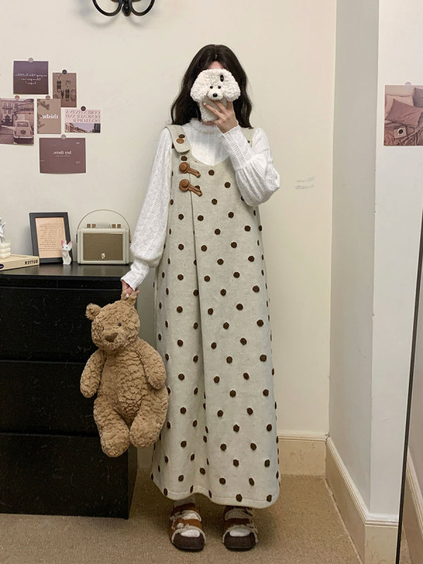 Plus size women's retro autumn and winter polka dot embroidered woolen vest skirt plush jacket fat mm two-piece set for women