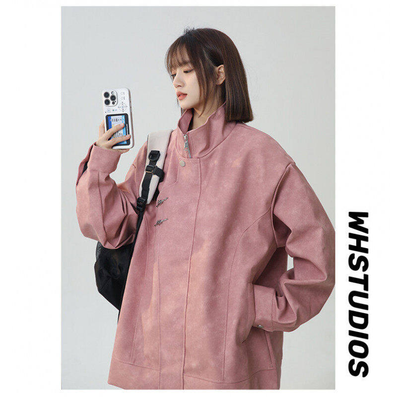 Spring PU leather Hong Kong style neutral loose popular high street national style metal buckle jacket niche