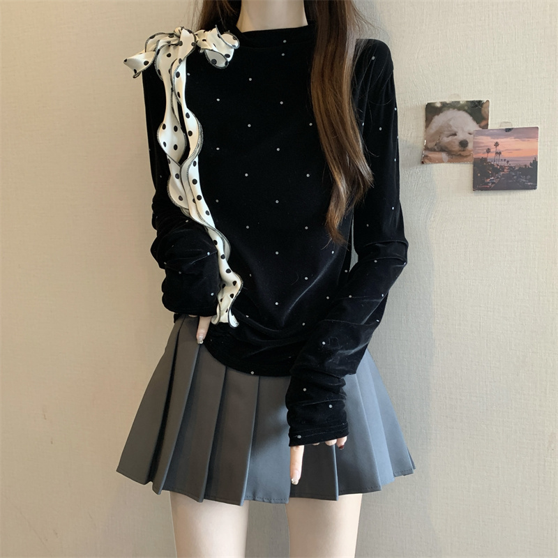 Plus size fat girl French retro pleated polka-dot lace-up velvet shirt top