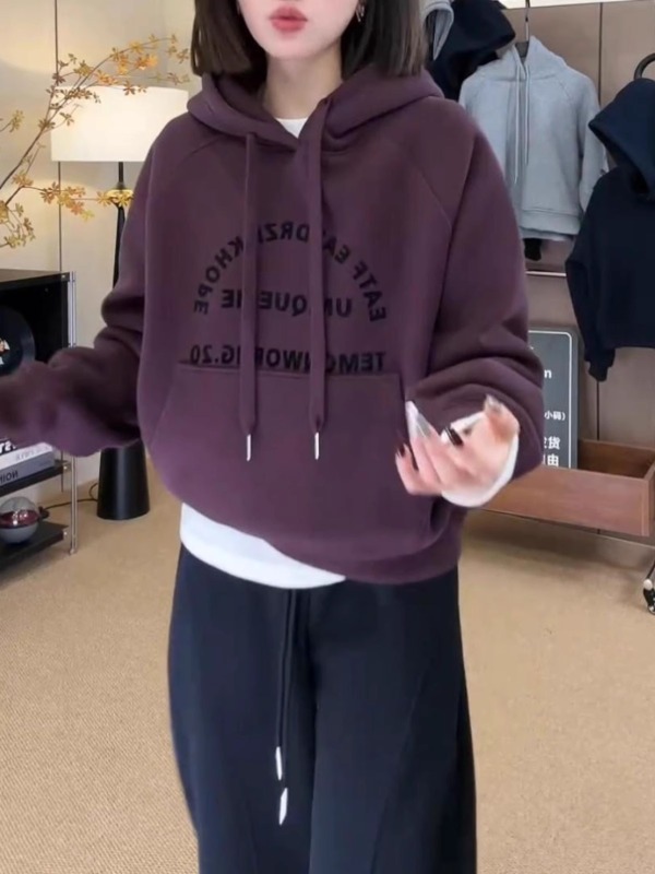 Velvet versatile purple hooded sweatshirt plus size women's 2024 autumn and winter new fat mm loose slim long-sleeved top