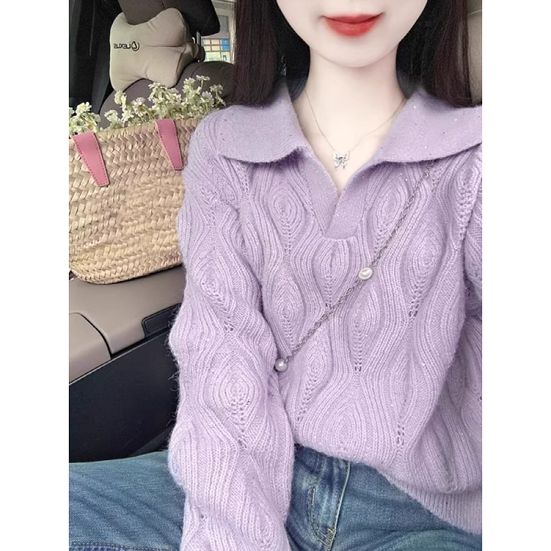 Super nice polo collar sweater women's sweater autumn and winter large size fat mm loose French lazy style high-end top