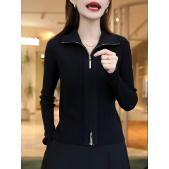 Double zipper lapel long-sleeved knitted cardigan jacket 2024 autumn new large size fat mm fashionable temperament top