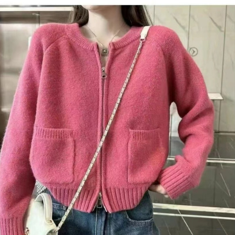2024 autumn and winter new Korean style soft and lazy candy-colored fashionable and versatile double zipper knitted cardigan sweater