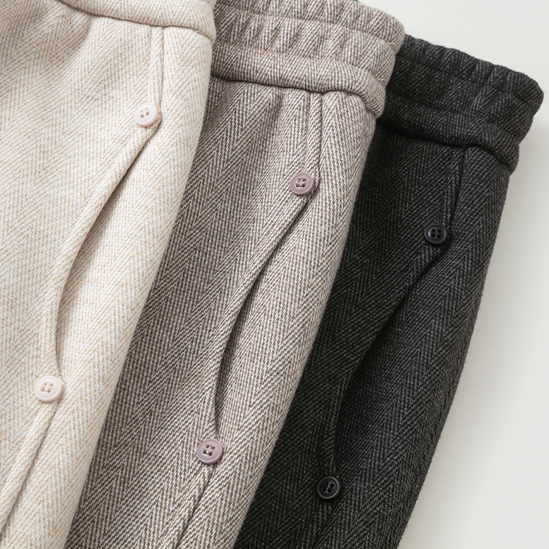 Wool Herringbone Pattern Wide Leg Banana Pants Women's Autumn and Winter New Narrow Straight Pants Plus Velvet Glutinous Rice Pants