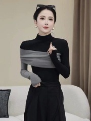 Half turtleneck black and gray stitching contrasting color long-sleeved T-shirt for women autumn and winter new casual bottoming shirt slim slim top