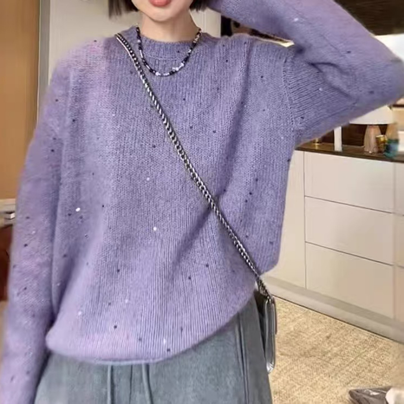Sequin pullover sweater for women 2024 new winter large size fat mm high-end and super good-looking knitted sweater top