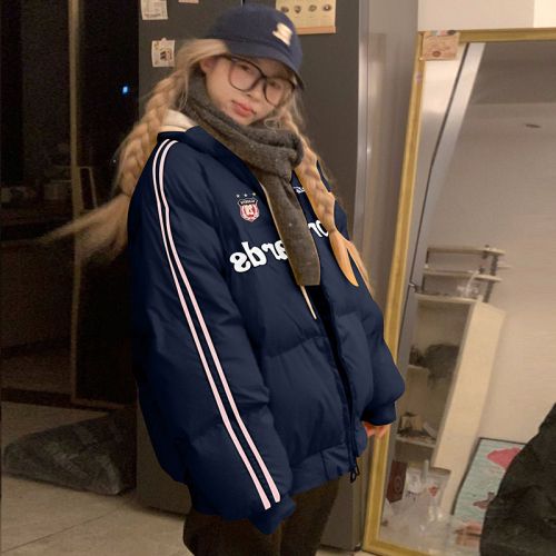 American retro high street striped sleeve cotton coat women's stand collar loose cotton jacket winter bread coat