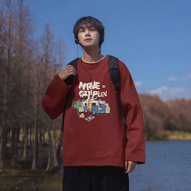 Autumn new couple ins long-sleeved printed T-shirt trendy brand loose chic Hong Kong style versatile T-shirt