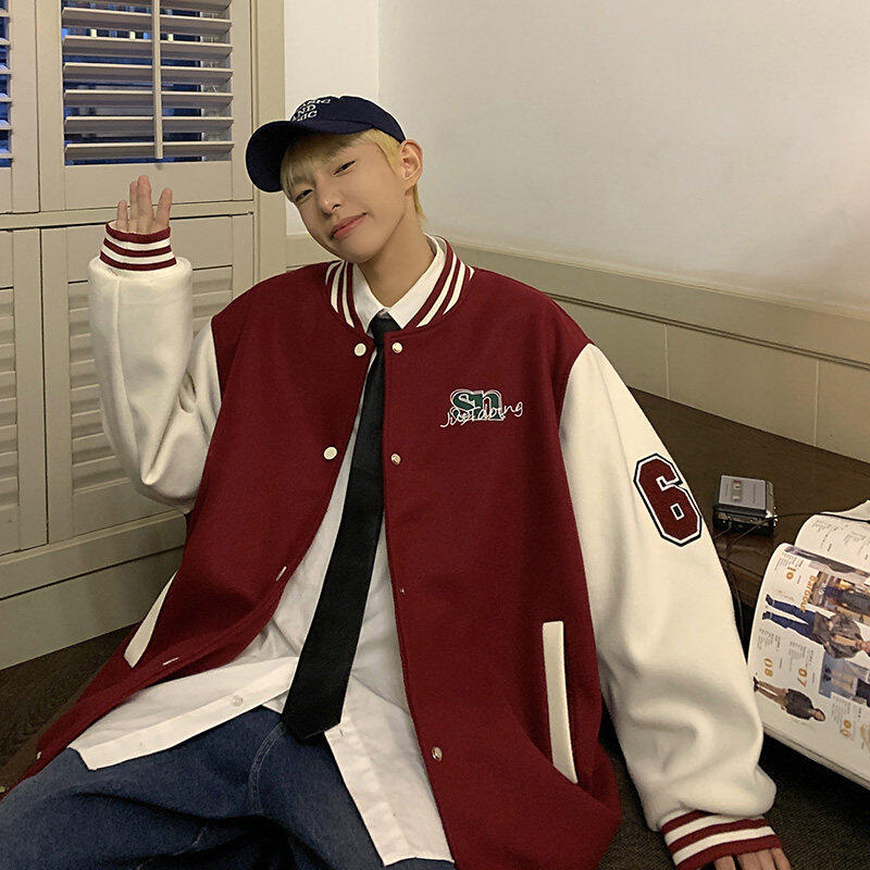 American style loose jacket with contrast patch, casual and versatile baseball uniform jacket