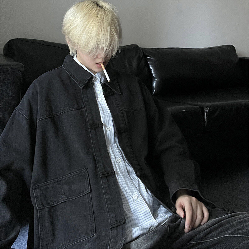 Chinese retro buttoned denim blue long-sleeved jacket niche design jacket
