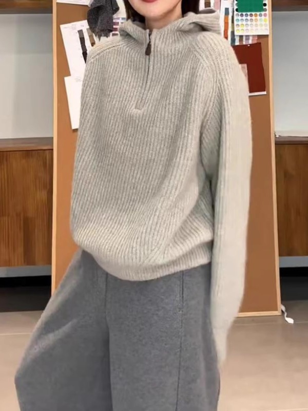 Large size loose half-zip hooded sweater sweater for women in winter fat mm loose slim inner wear outer top