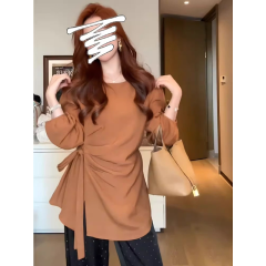 Early autumn new shirt solid color long-sleeved round neck side straps waist slimming fashion versatile fat girl top