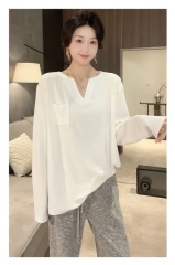 Large size new style pocket design, lazy brushed loose fit, long-sleeved T-shirt top that covers the flesh and looks slimming