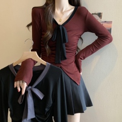 Plus size women's 2024 autumn new color matching lace design niche V-neck long-sleeved T-shirt bottoming shirt