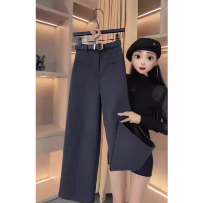 FYQ-Autumn and winter new style plus velvet and thickened large size high waist casual pants straight leg pocket wide leg floor mopping trousers