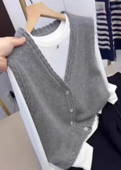 2024 Autumn New V-neck Knitted Vest Vest Large Size Women's Fat mm Stacked Waistcoat Sweater Cardigan Jacket