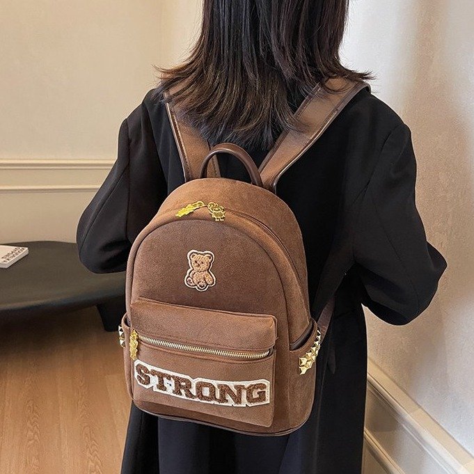 Backpack Women's Bag 2024 New Korean Fashion Versatile Wide Shoulder Strap School Bag Casual Simple Cartoon Bear Backpack