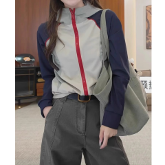 Colorblock hooded casual jacket for women early autumn 2024 new large size fat mm unique super good-looking long-sleeved top