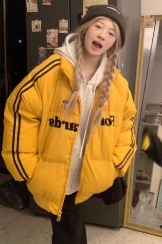 American retro high street striped sleeve cotton coat women's stand collar loose cotton jacket winter bread coat