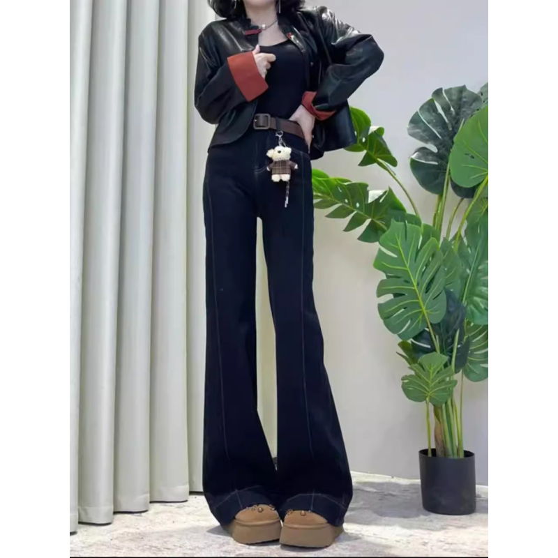 FYQ-high-waisted straight-leg jeans for women in autumn and winter plus velvet and thickened large size loose slimming micro-flared pants