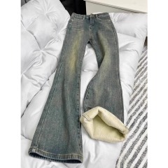 Retro blue plus velvet bootcut jeans for women in autumn and winter new style high waist slimming fat girl mm pear shaped body flared pants