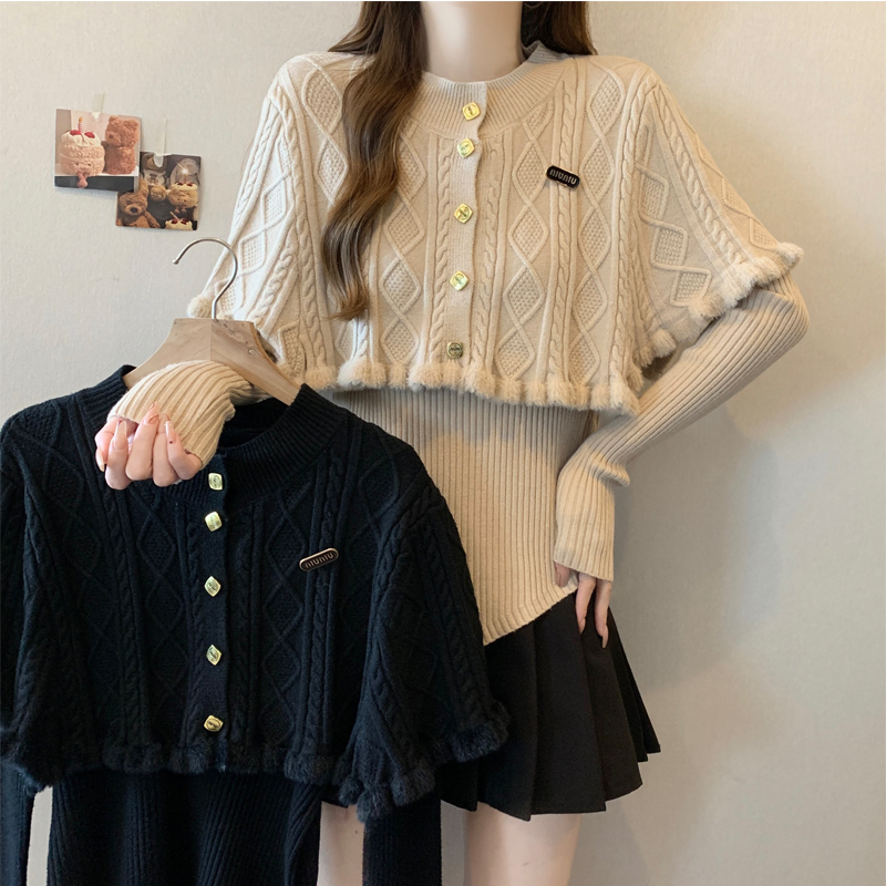 Tassel cape shawl sweater for women 2024 autumn and winter retro high-end knitted blouse bottoming top two-piece suit