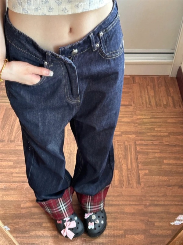 2024 Autumn New High Waist American Retro Color Block Jeans Straight Leg Pants