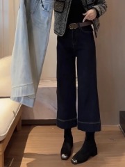 Pear-shaped slimming large size western-style wide-leg pants nine-point jeans for women 2024 winter new style plus velvet and thickening