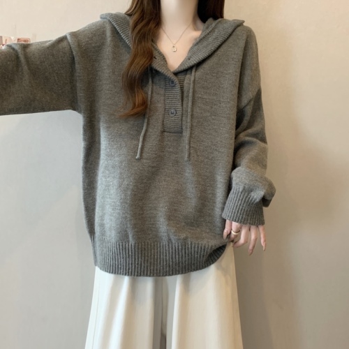 Autumn and winter thickened lazy style hooded knitted sweater for women 2024 large size fat mm slimming loose top
