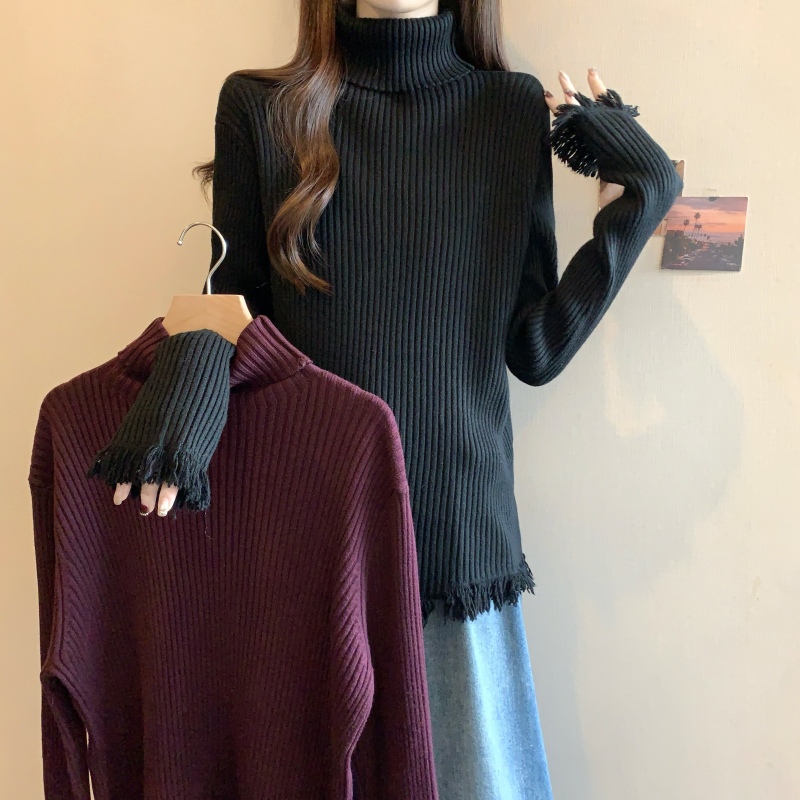 Large size retro design tassel high collar coat women's autumn and winter new fat mm age-reducing slimming top