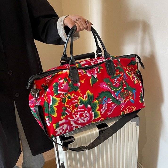 New ethnic style Northeast large flower travel bag, fashionable portable boarding and business trip storage bag, lightweight yoga fitness bag