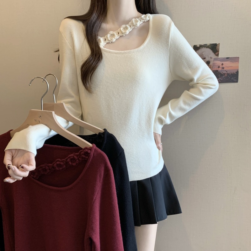 Korean design three-dimensional flower halterneck round neck sweater 2024 autumn and winter new style chic western style slim sweater