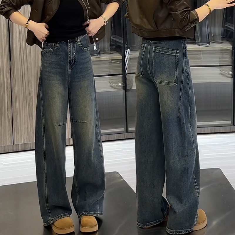 Retro blue velvet wide-leg pants and jeans for women 2024 autumn and winter new style small narrow version loose and slim scimitar pants