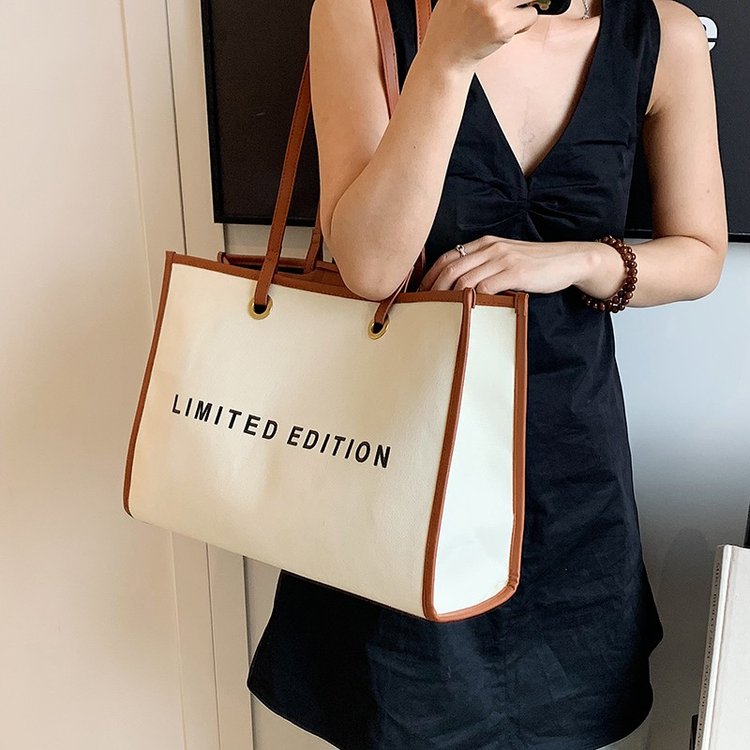 Trendy personalized shoulder bag letter printed canvas women's bag new spring large capacity shoulder handbag