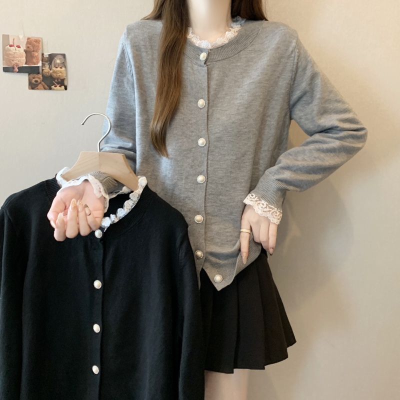 Large size French sweet lace splicing sweater for women with autumn fat mm slimming versatile single-breasted top