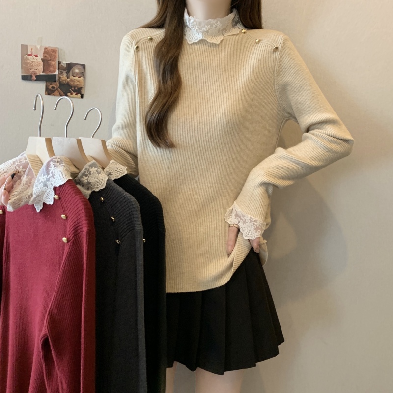 Large size high-end lace splicing lace collar western style inner sweater women's all-match slimming bottoming shirt