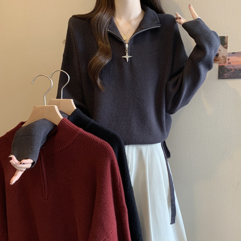 =Large size autumn and winter new Korean style half-open lapel sweater women's hem drawstring slightly fat belly-covering long-sleeved top