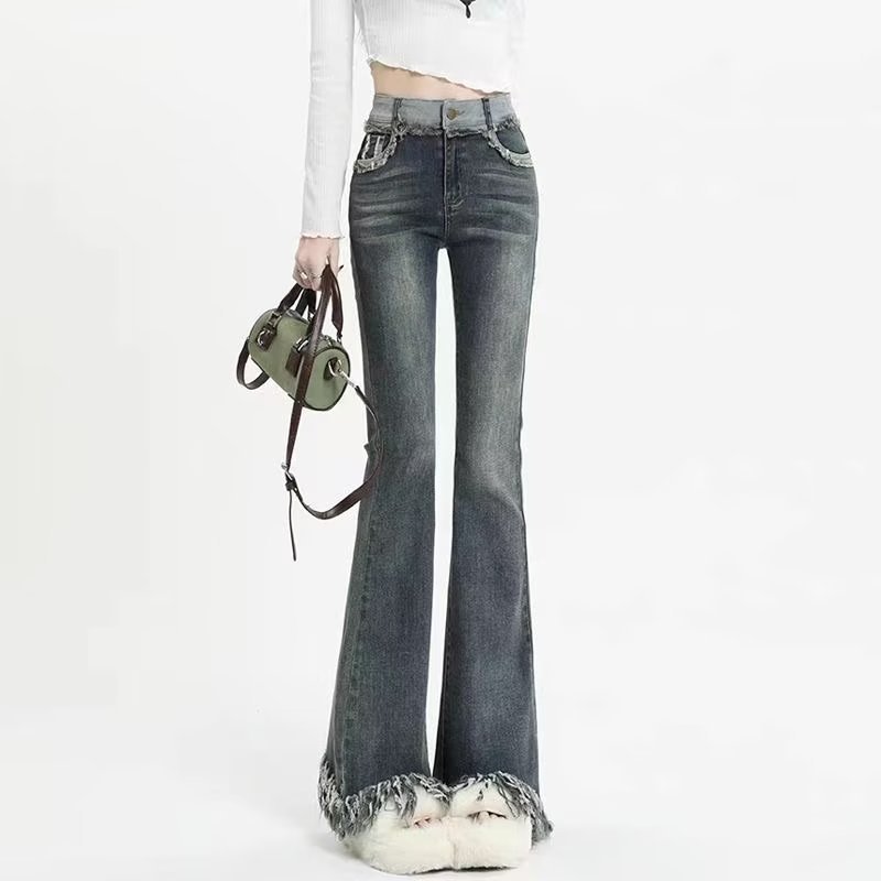 S-5Xl retro tassel micro-flared jeans for women spring new elastic slimming high-waisted floor-length mopping pants